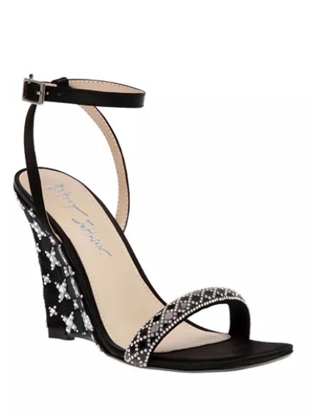BETSY JOHNSON Simon Embellished Wedge Evening Sandals Black Silver Crystal Sz 10